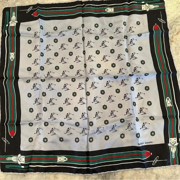 Ski Motif Blazer Square Pocket Square Blue & Green 18” x 18” - Picture 1 of 6